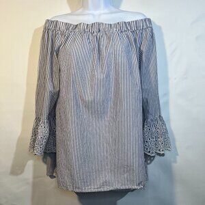 Blue and White Striped Off The Shoulder Blouse
